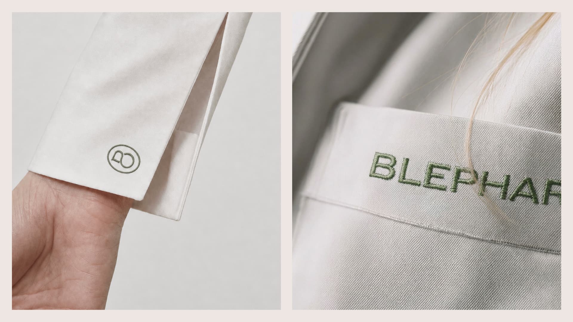 Bordados do símbolo e do logotipo da Blepharo em jaleco