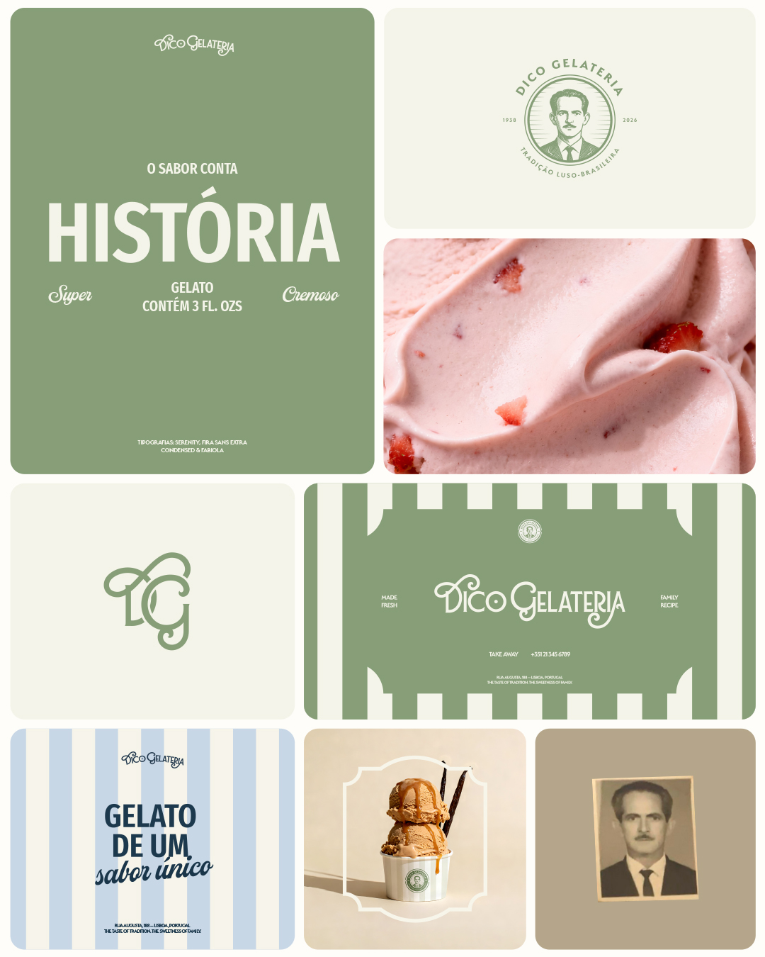 Composição da Dico Gelateria com mascote, selos, monograma e logotipo