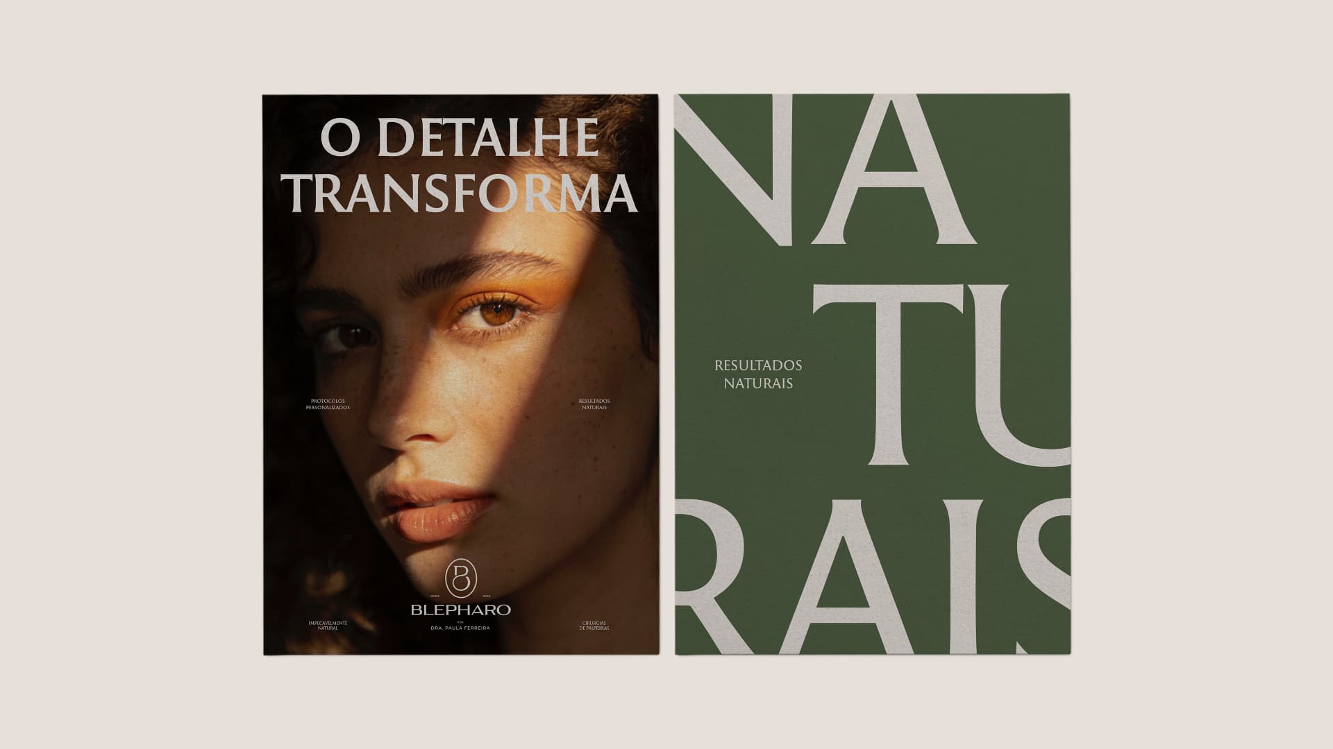 Cartazes da Blepharo com “O detalhe transforma” e “Resultados naturais”